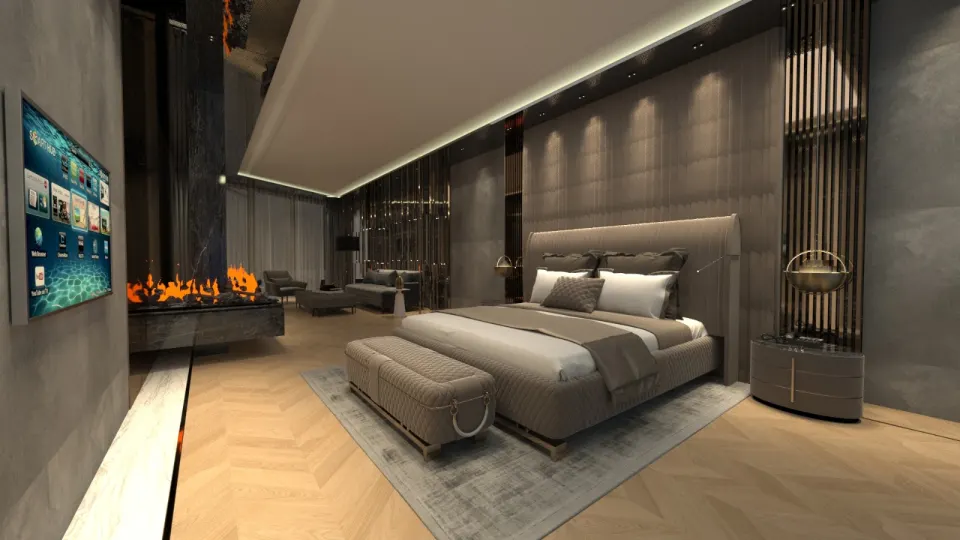 Hotel room with custom wooden wall panelling and furniture