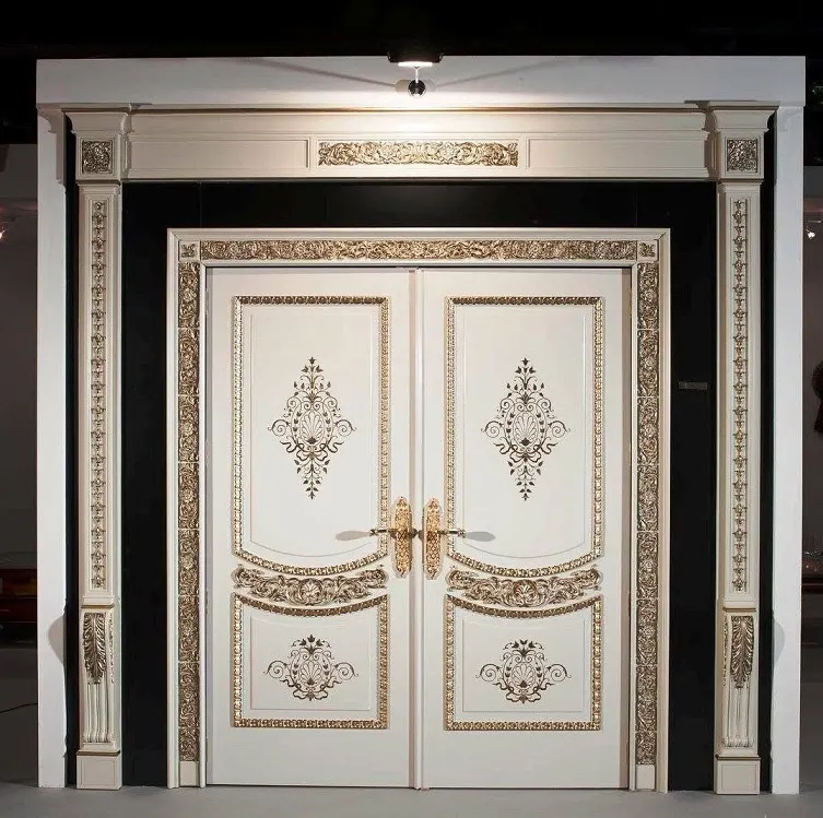 White and Gold Carved Double Door – Palace-Style Ornate Frame